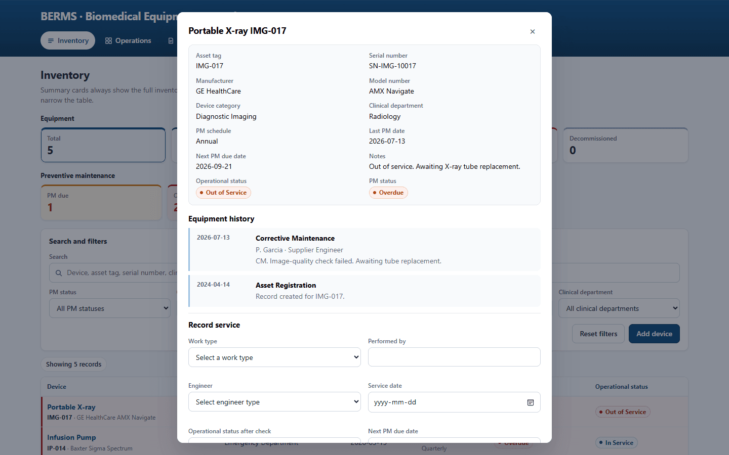 BERMS device record showing identity, department, operational status, and preventive maintenance status.