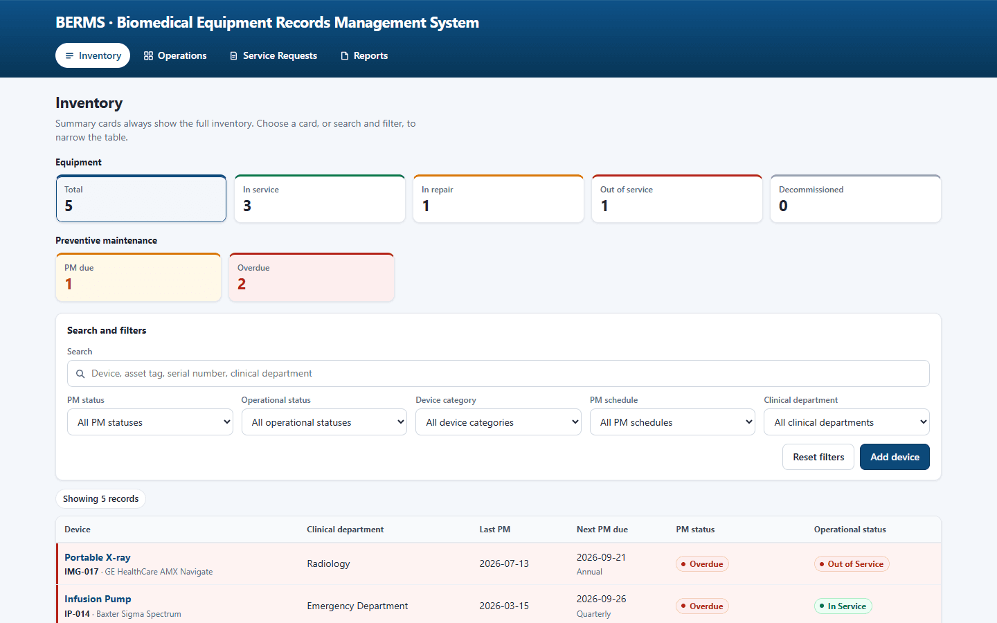 BERMS inventory with equipment totals, preventive maintenance counts, and the device table.