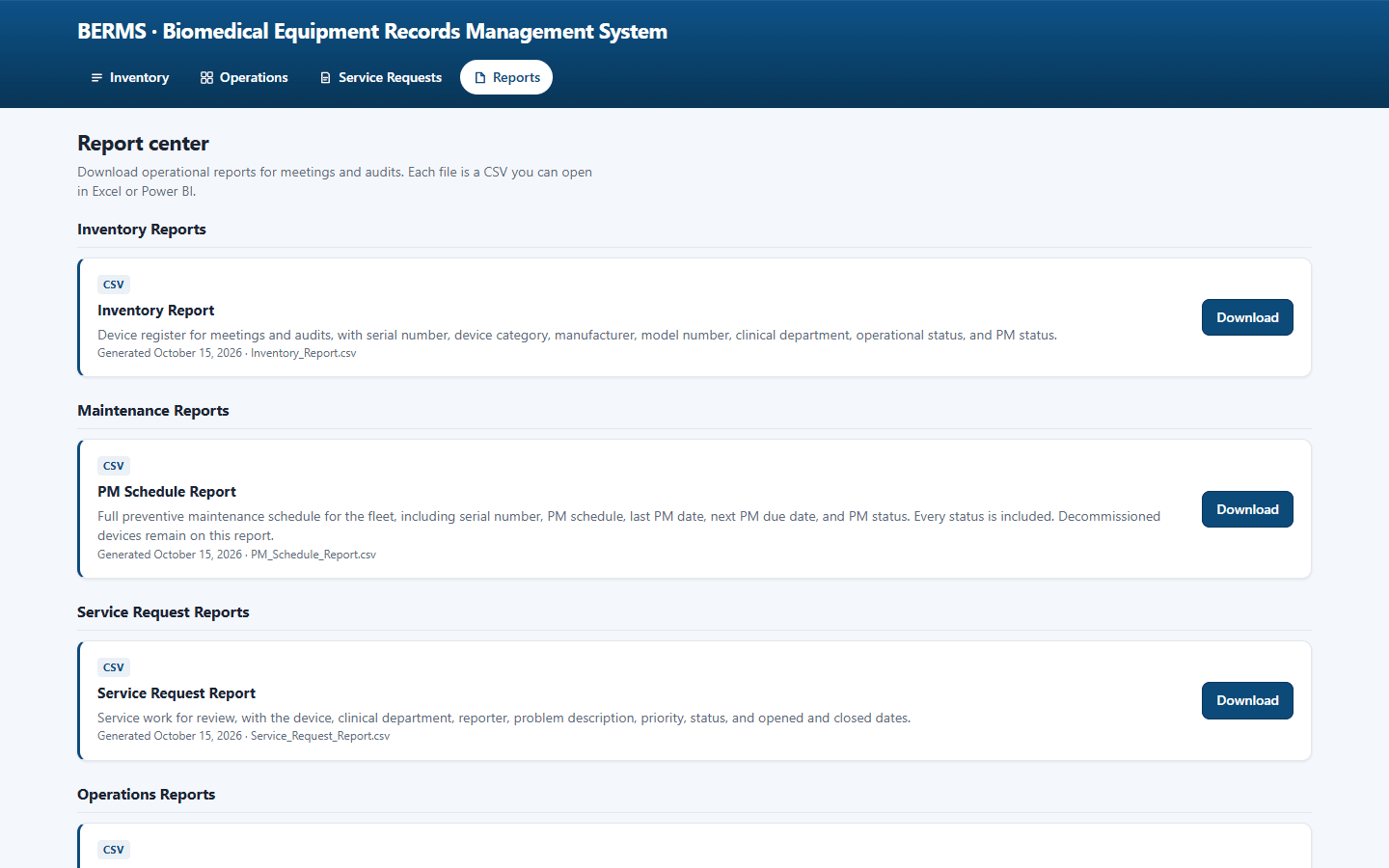 BERMS report center with CSV downloads for inventory, maintenance, requests, and operations.
