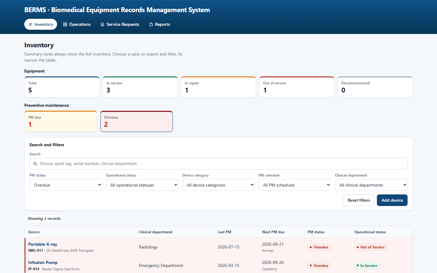 BERMS inventory filtered by preventive maintenance status, with the full-inventory totals still visible.
