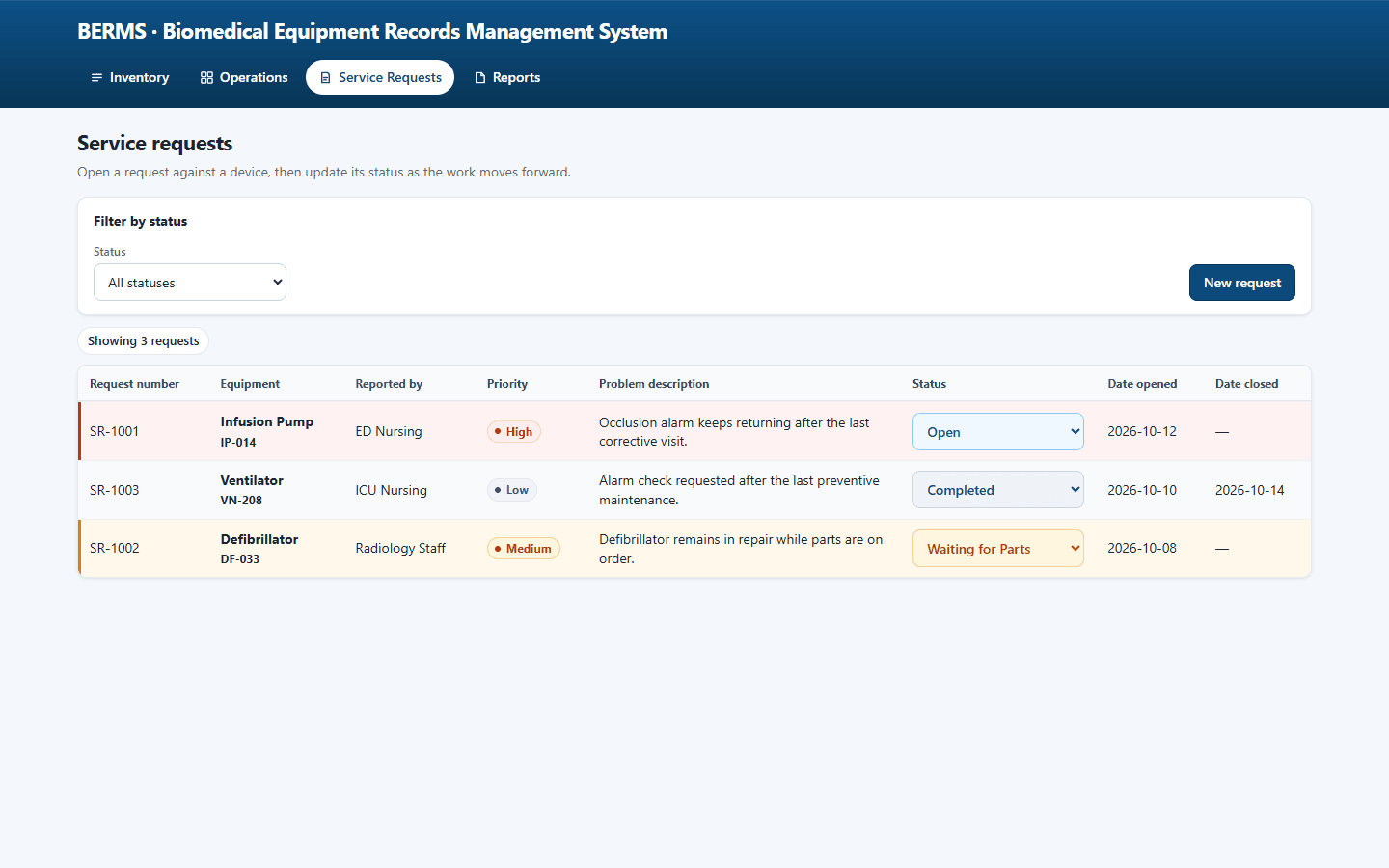 BERMS service request list with priority, problem, and status.